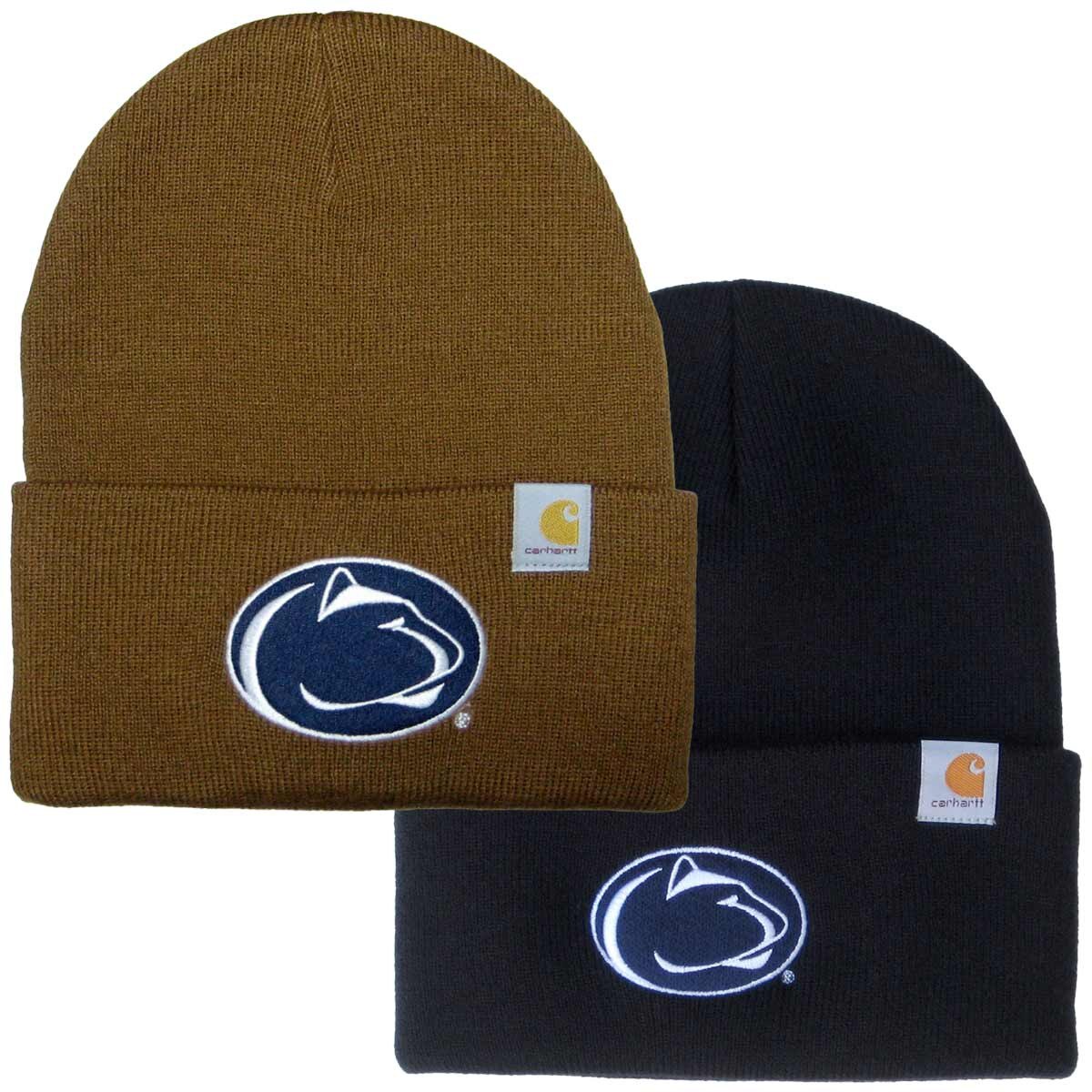 brown and navy Carhartt beanies with embroidered Penn State Athletic Logos